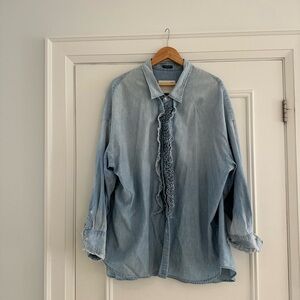 R13 Denim tuxedo Ruffle Front Shirt